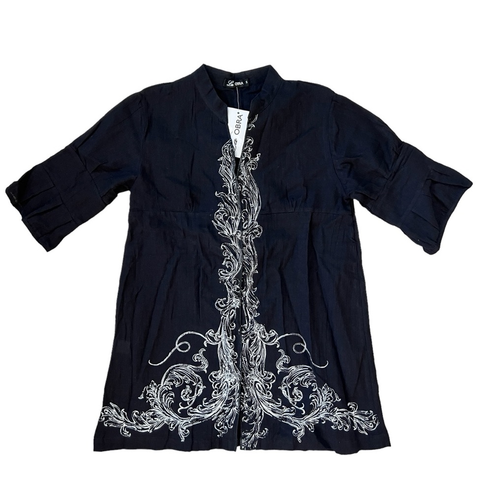 Women’s Black Tunic with White Embroidery Short Sleeve Open Front Size Small